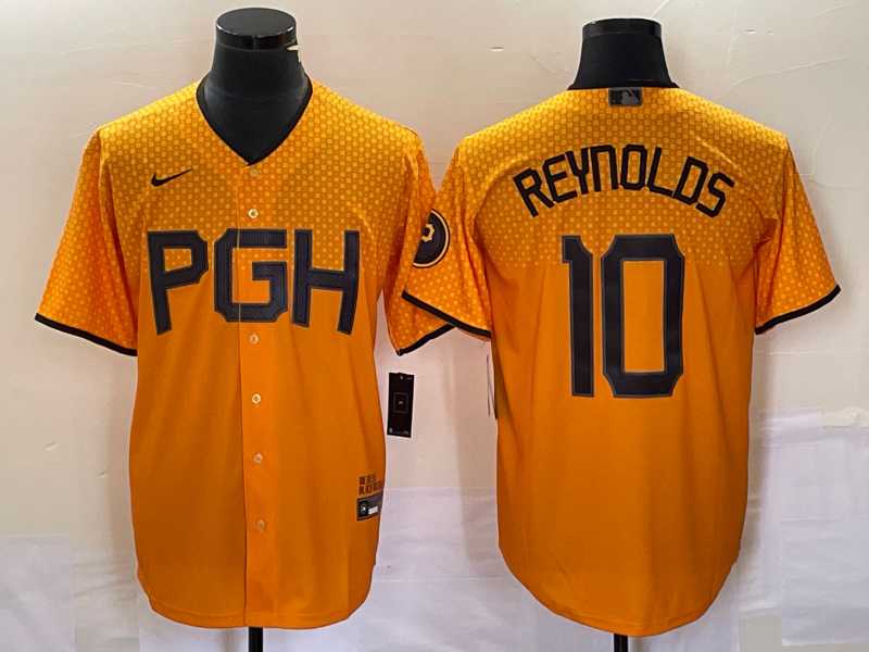 Mens Pittsburgh Pirates #10 Bryan Reynolds Gold 2023 City Connect Stitched Jersey 1